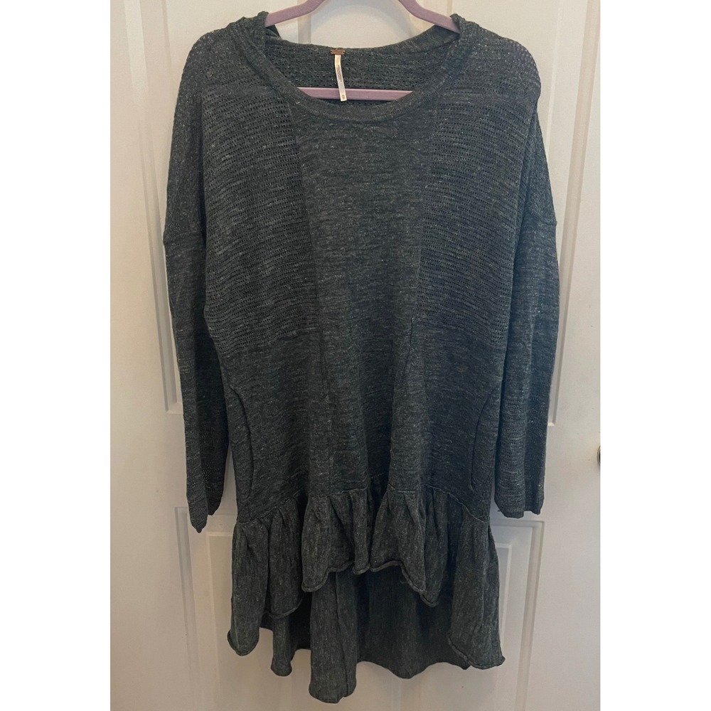 Free People Dark Green Ruffle High Low Knit Hoodie Tunic XS Boho Relaxed - Picture 2 of 7